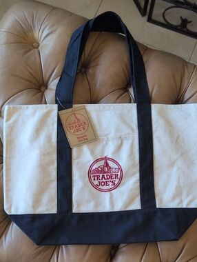Trader Joe's Natural Canvas Navy Tote with Logo NWT